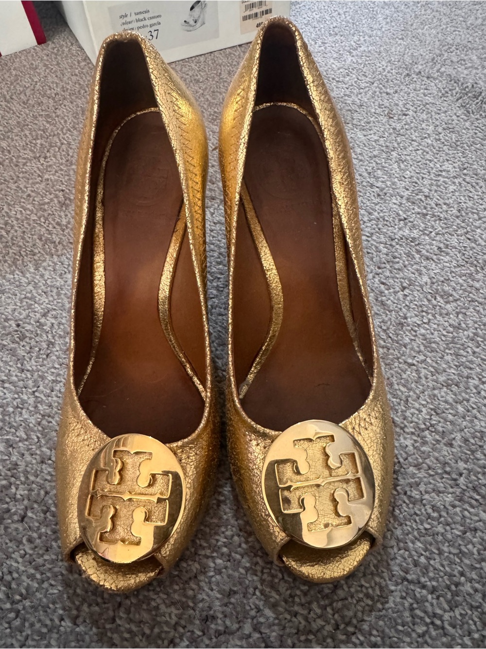 Tory Burch Gold Metallic Peep-Toe Logo Wedges